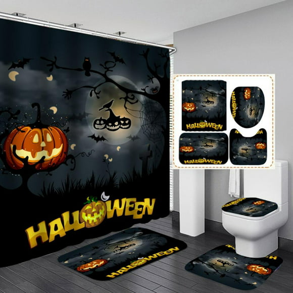Halloween Witch Pumpkin Truck Tree Waterproof Fabric Shower Curtain Bathroom Mat 
